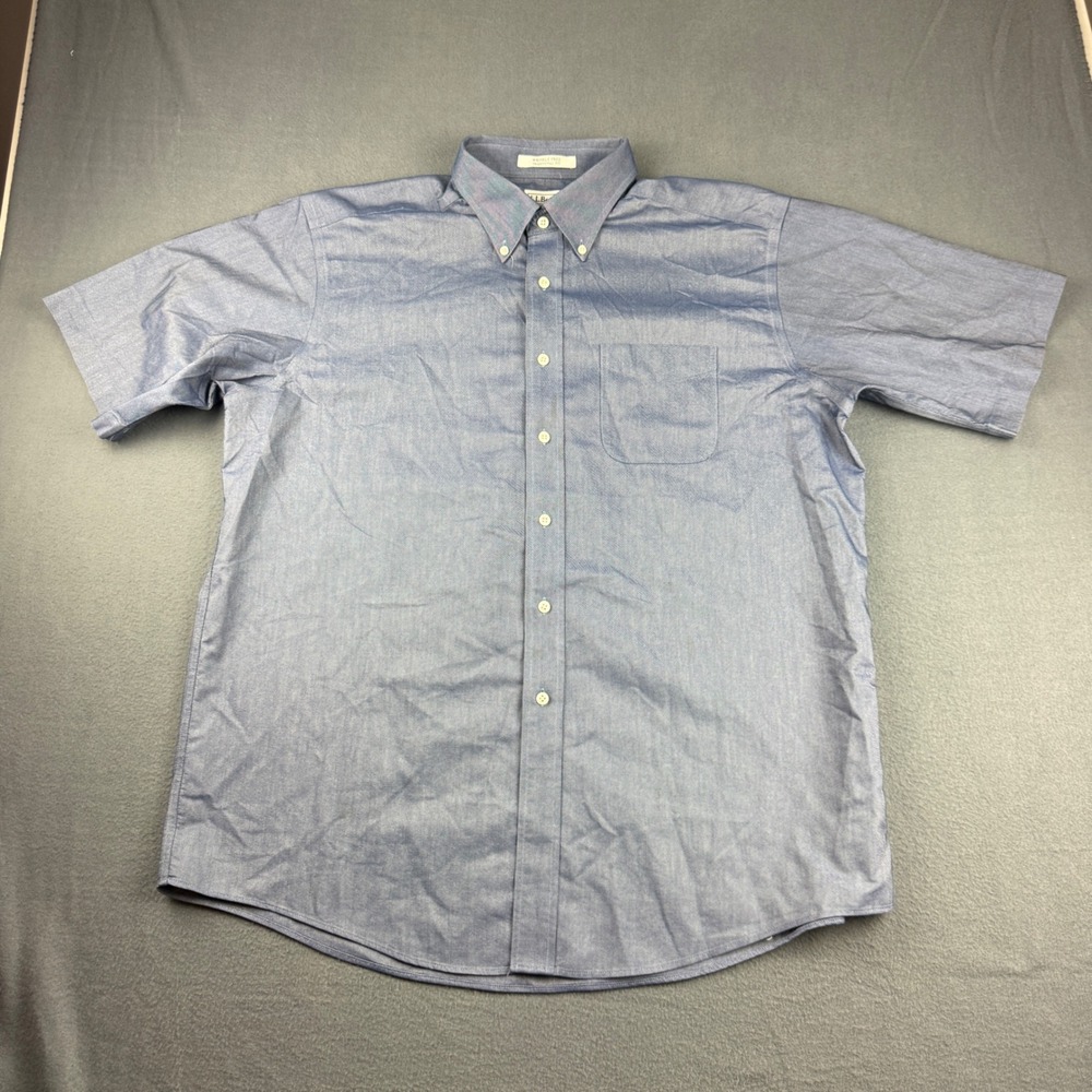 LL Bean Shirt Mens 17 Blue Wrinkle Free Traditional Fit Oxford Short Sleeve OCBD